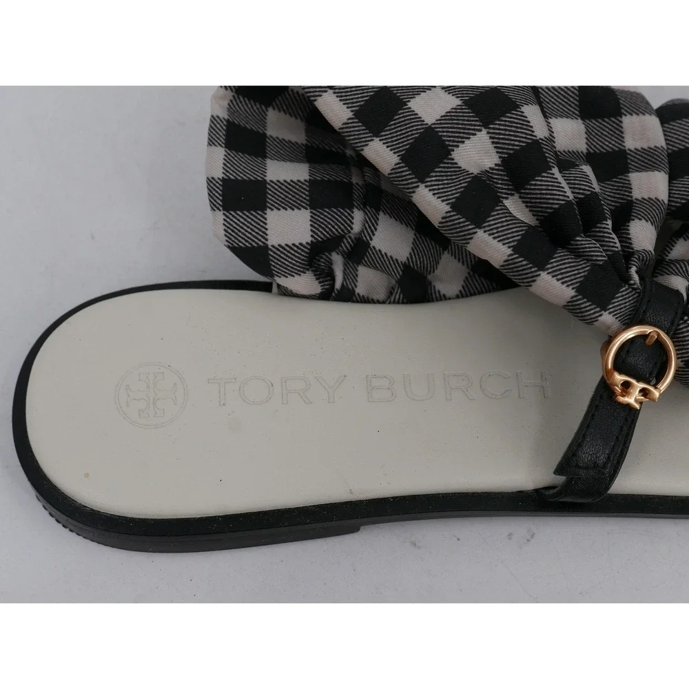 Tory Burch Selby Scarf Flat Toe Ring Sandals Black Gingham Women's Size 9.5